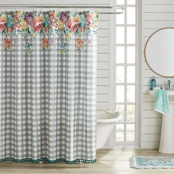 Pioneer Woman Sweet Romance Gingham Floral Embroidered Shower Curtain w/ Fringe - Picture 1 of 5